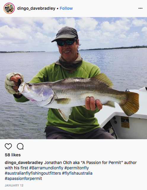 jonathan Olch aka “A Passion for Permit” author with his first #Barramundionfly #permitonfly #australianflyfishingoutfitters #flyfishaustralia 
#apassionforpermit